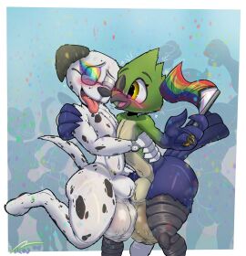 animal_genitalia anthro ass avian bailey_(v3rg3) balls balls_touching big_ass big_balls big_butt blush bodily_fluids bodypaint bottom_heavy canid canine canis clock closed_eyes dalmatian domestic_dog duo eyewear face_paint feathers femboy fur gay genitals glasses green_body green_feathers hand_on_shoulder heart_symbol hi_res hug hung_femboy hung_trap lgbt_pride male male/male mammal musk musk_clouds musky_balls navel open_mouth pecs pride_color_flag pride_colors public public_nudity purple_body purple_feathers rainbow_pride_colors raised_leg ring romantic romantic_couple sheath sweat sweatdrop sweaty_balls sweaty_genitalia tail tail_motion tailwag thick_thighs tongue tongue_out v3rg3 watch white_body white_fur wide_hips wilbur_(v3rg3) yaoi yellow_eyes