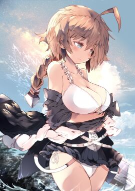 1girls ahoge bare_shoulders big_breasts bikini blazblue blue_eyes blush braid breasts center_frills es_(xblaze) female frilled_bikini front-tie_bikini_top front-tie_top grey_jacket hair_between_eyes highres jacket kyuu_(plastic_night_q) large_breasts light_brown_hair long_hair multiple_belts side-tie_bikini_bottom single_braid solo standing swimsuit water white_bikini xblaze