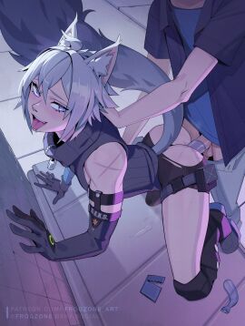 2boys all_fours anal anal_penetration anal_sex animal_ear_fluff animal_ears ass black_shirt blue_eyes bluesky_username blush bulge cat_boy cat_ears cat_tail condom condom_on_penis condom_wrapper detached_sleeves english_commentary erection erection_under_clothes femboy frogzone_art gay gloves grey_hair hair_between_eyes highres human male male/male male_focus male_only multiple_boys multiple_males open_mouth patreon_username penis protected_sex safe_sex saliva seth_lowell sex sex_from_behind shirt solo_focus tail tongue tongue_out torn_clothes white_shirt yaoi zenless_zone_zero zipper_pull_tab