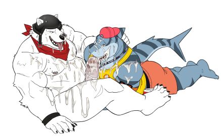 2boys absurd_res after_orgasm anthro bear bodily_fluids clothing cum cum_in_mouth cum_inside cum_on_self duo epic_games eye_contact fish fortnite gay genital_fluids genitals hi_res humanoid_genitalia humanoid_penis licking looking_at_another lying male male/male mammal marine muscular on_front open_mouth open_smile oral penile penis penis_lick polar_bear polar_patroller safety_first_steve sex seyrmo shark sitting smile tongue tongue_out ursine