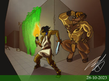 2boys animal_head animal_legs armpit_hair balls beard big_penis body_hair bovid bovine bracelet chest_hair clothed clothing dark_nipples deety european_mythology facial_hair feet flaccid for_a_head foreskin genitals greek_mythology hi_res hooves horn human humanoid inside jewelry male male_only mammal maze melee_weapon minotaur moss muscular mythology nipples nude only_one_clothed only_one_nude penis plant pubes size_difference standing sword torch trapped uncircumcised vines weapon