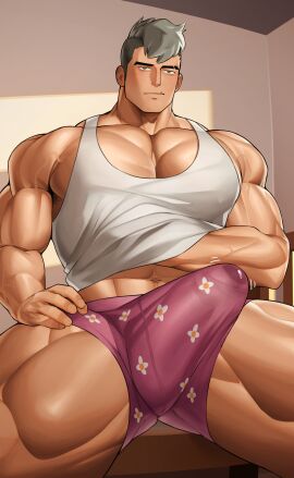 abs all_saints_street armpit_hair bara biceps big_bulge bulge damao erection_under_clothes grey_hair himbo huge_bulge male male_nipples male_only masculine_male mohawk mohawk_(hairstyle) muscular muscular_male nipples pecs penis penis_outline penis_under_clothes precum ruisselait tusks underwear vladimir_elliot_kirilenko wan_sheng_jie werewolf yaoi