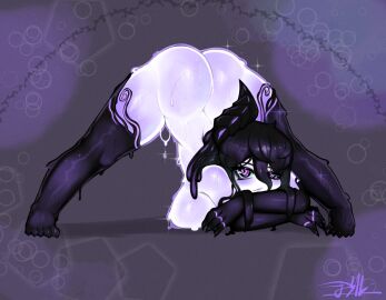 ass black_hair black_slime breasts denva9 female female_only glowing_eyes goo_creature horns huge_breasts jack-o_pose long_hair missing_horn monster_girl nude nude_female original original_character pov purple_eyes pussy shiny_skin slime slime_girl slime_hair smile tarri thick_thighs white_body white_skin
