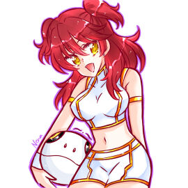 breasts female female_pervert female_villain freckles gundam gundam_00 gundam_gquuuuuux haro large_breasts nena_trinity red_hair robot rufi_azipon stud_earrings twintails villainess voice_actor_connection yellow_eyes