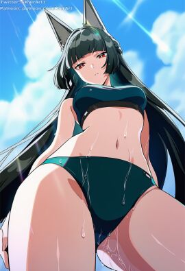 1girls absurd_res absurdres accurate_art_style ai_generated animal_ears artist_name beach big_breasts bikini black_hair breasts cat_ears female female_focus female_only from_below hi_res high_quality high_resolution highres hoshimi_miyabi kairart large_breasts low-angle_view navel nipples patreon patreon_url patreon_username pussy_juice pussy_juice_drip red_eyes sky solo solo_female solo_focus swimsuit swimwear twitter_username wet wet_body wet_pussy zenless_zone_zero