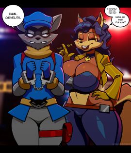 1boy 1girls anthro barely_contained_breasts big_breasts blush breasts carmelita_fox cleavage english_text female femboy gay gay_male homosexual homosexual_male lollipopcon male sly_cooper sly_cooper_(series) sony_corporation sony_interactive_entertainment sucker_punch_productions sweat text text_bubble wide_hips