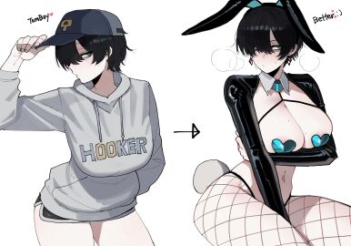 1girls 2025 2d absurd_res breasts bunny_ears bunny_tail bunnysuit cap female female_focus female_only femsub fishnet_legwear fishnets heart-shaped_pupils hi_res human large_breasts light-skinned_female light_skin mole mole_on_breast mole_under_eye navel_piercing original original_character pasties ratatatat74 reverse_bunnysuit short_hair short_shorts shorts solo sweater tagme thick_thighs thighs tomboy tomboy_bimbofication white_background wide_hips