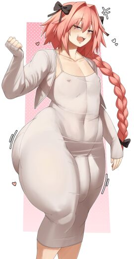 1boy ass ass_body astolfo_(fate) black_bow blushing bow braided_ponytail bulge bulge_through_clothing collarbone dongtan_dress dress eyes_half_open fang fate_(series) femboy girly huge_ass huge_thighs impossible_clothes impossible_dress long_sleeves looking_at_viewer male male_only motion_lines mouth_open nipple_bulge nipple_outline pink_eyes pink_hair seductive_eyes seductive_look simple_background sleeves_past_wrists stackydraws textless thick_thighs tight_clothing tight_dress voluptuous voluptuous_male