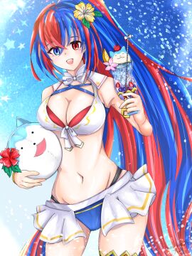 1girls alear_(female)_(seaside_dragon)_(fire_emblem) alear_(fire_emblem) alear_(fire_emblem)_(female) alternate_costume alternate_hairstyle bikini blue_bikini blue_eyes blue_hair blue_swimsuit borubox_fe bow bowtie breasts cleavage criss-cross_halter crossed_bangs cup female fire_emblem fire_emblem_engage fire_emblem_heroes halterneck heterochromia holding holding_cup large_breasts long_hair multicolored_bikini multicolored_clothes multicolored_hair multicolored_swimsuit navel nintendo official_alternate_costume official_alternate_hairstyle open_mouth ponytail red_bikini red_eyes red_hair red_swimsuit solo sommie_(fire_emblem) split-color_hair swimsuit tropical_drink two-tone_hair white_bikini white_bow white_bowtie white_swimsuit