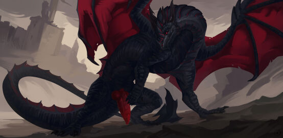 4_horns absurd_res animal_genitalia animal_penis black_body claws detailed_background dragon feral finger_claws genitals hi_res horn knot knotted_penis looking_at_viewer male membrane_(anatomy) membranous_wings multi_horn mythological_creature mythological_scalie mythology penis scalie snorlaxk wings