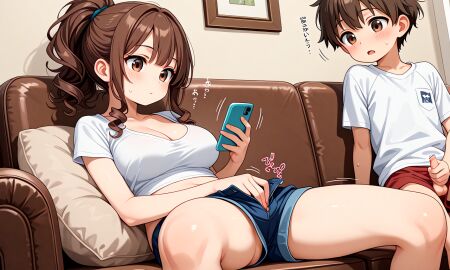 1boy 1girls ai_generated brother_and_sister brown_eyes brown_hair cleavage family female fingering hand_on_penis jerking_off looking_at_phone masturbation motion_lines ndsilver059 onee-shota original original_character original_characters penis sex small_penis tagme text watching_porn