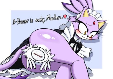 1girls blaze_the_cat blush cat_ears cat_tail dialogue embarrassed female female_only gem_on_forehead looking_away looking_down maid maid_headdress maid_outfit maid_uniform mobian_(species) puffy_pussy pussy pussy_focus pussy_lips sinnerspatz sonic_(series) sonic_the_hedgehog_(series) squeezing tail text