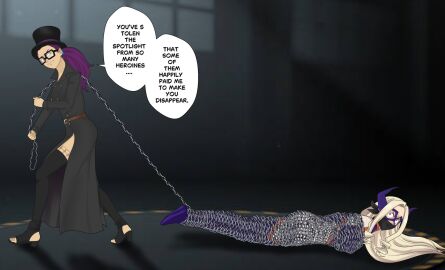 2girls boku_no_hero_academia bondage captured chain_bondage chains domino_mask english_text female gag gagged glaring kidnapping long_hair mount_lady my_hero_academia original over_the_mouth_gag speech_bubble