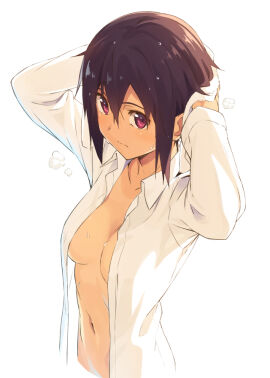 1girls arms_behind_head bare_belly bare_chest bare_midriff bare_navel bare_skin belly belly_button black-haired_female black_hair breasts cleavage dress_shirt dripping_wet drying drying_hair female female_only hair_between_eyes hand_on_hair hand_on_head hand_on_own_hair hand_on_own_head hands_behind_head kinta_(distortion) medium_breasts medium_hair naked_shirt navel open_clothes open_clothing open_shirt original original_art original_artwork original_character purple-eyed_female purple_eyes purple_hair shirt short_hair simple_background slender_body slender_waist slim_female slim_waist solo stomach thin_waist towel unbuttoned unbuttoned_shirt wet wet_belly wet_body wet_breasts wet_face wet_hair wet_skin white_background white_shirt white_towel
