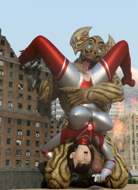 3d alien alien_girl alien_humanoid breasts building building_destruction building_sex city female female_penetrated heroine human licking_pussy losing losing_fight pussy tight_clothing tongue ultraman_(franchise) ultrawoman ultrawoman_katia