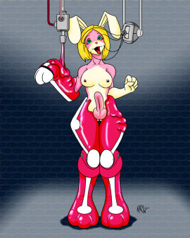 anthro bastianmage blonde_hair bottomless bunny_futa erection furry futa_only futanari futasub intersex kaa_eyes latex nude open_mouth original penis rael_bunni robotization shiny_skin solo spiral_eyes symbol_in_eyes tech_control topless transformation