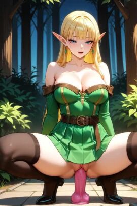 1girls ai_generated bare_shoulders belt blunt_bangs breasts bush cleavage collarbone detached_sleeves dildo dildo_riding dress dungeons_and_dragons dungeons_and_dragons_(cartoon) female full_body huge_dildo imminent_penetration lipstick long_sleeves looking_at_viewer lucia_(scott_malin) makeup medium_breasts night no_panties off-shoulder_dress outdoors pleated_dress pussy sex_toy shoes smile solo spread_legs strapless strapless_dress tagme thighhighs video