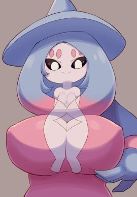 1girls breasts female female_only hatterene huge_breasts looking_at_own_breasts pokemon short_female smile smiling