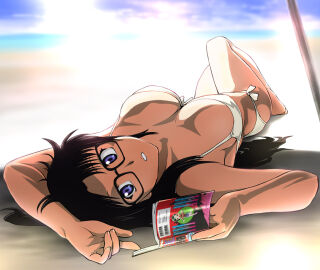 1girls 2024 2d 2d_(artwork) adult_female beach big_breasts bikini black_hair blue_eyes blurry_background book breasts bright_background commentary_request female female_only female_protagonist glasses human human_female knee_up large_breasts light-skinned_female light_skin long_hair looking_at_viewer lying manga_(object) no_sex on_back outside pinup questionable read_or_die side-tie_bikini_bottom solo solo_female swimsuit tan-skinned_female tan_skin ueyama_michirou white_bikini yomiko_readman