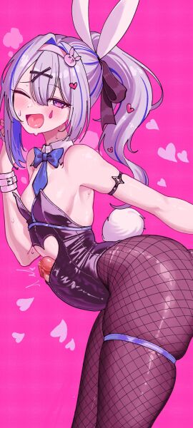 1futa amane_kanata animal_ears arm_strap bare_shoulders bent_over big_penis black_leotard blue_bow blue_bowtie blue_hair blush bow bowtie breasts clothed clothing colored_inner_hair cuffs cutout_above_navel detached_collar erection fake_animal_ears female fishnets futa_only futanari grey_hair hair_ornament handcuffs heart highres hololive intersex leotard light-skinned_futa light_skin long_hair mostly_clothed multicolored_hair one_eye_closed open_mouth pantyhose penis pink_background playboy_bunny ponytail rabbit_ears rabbit_hole_(vocaloid) ribbon small_breasts smile solo standing strapless teardrop_facial_mark totemoyuuutsu two-tone_hair virtual_youtuber x_hair_ornament