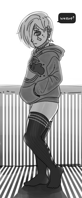 1girls baggy_clothing baggy_topwear beauty_mark black_and_white bottomless bottomless_female female hands_in_pockets hoodie hoodie_only incinerated_art looking_at_viewer neck_scar no_panties no_pants noel_(incinerated_art) one_eye_covered one_eye_obstructed original_character pierced_ears piercing piercings short_hair stockings stockings_thigh_highs talking talking_to_viewer text text_bubble thigh_highs thighhighs thighs topwear