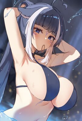 ahoge animal_ears armpits arms_behind_head arms_up bangs big_breasts bikini black_bikini black_hair blue_bikini blue_eyes blue_hair blunt_bangs breasts choker eyebrows_visible_through_hair female hair_tie_in_mouth heart_ahoge indie_virtual_youtuber large_breasts long_hair looking_at_viewer mouth_hold multicolored_hair ponytail shylily silver_hair solo swimsuit upper_body virtual_youtuber water water_drop wet
