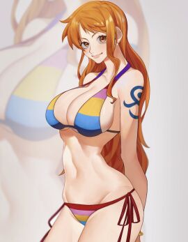 1girls arm_tattoo bare_legs bare_shoulders bare_thighs big_breasts bikini bikini_bottom bikini_top blue_tattoo breasts clothed clothing color female female_focus female_only hi_res large_breasts light-skinned_female light_skin long_hair looking_at_viewer nami_(one_piece) one_piece one_piece_film_z orange-haired_female orange_eyes orange_hair post-timeskip rainbow_bikini shounen_jump siokosho_kinoko solo solo_female tagme tattoo tattoo_on_arm tattooed_arm thick_thighs