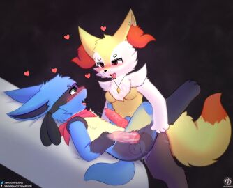 absurd_res anthro blush bodily_fluids braixen breasts cum cum_inside duo gay generation_4_pokemon generation_6_pokemon genital_fluids genitals hi_res internal jewelry knot lucario male male/male male_only necklace nintendo penetration penis pokemon pokemon_(species) scarf senz tail thrusting tongue tongue_out