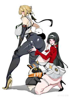 2girls absurdres ass astra_yao b.sa_(bbbs) bird black_hair blonde_hair blue_eyes blush breasts earrings evelyn_chevalier female hairband high_heels highres huge_ass huge_breasts jewelry large_breasts long_hair looking_at_viewer multiple_females multiple_girls penguin shirt simple_background skirt thick_thighs thigh_strap thighs white_background zenless_zone_zero