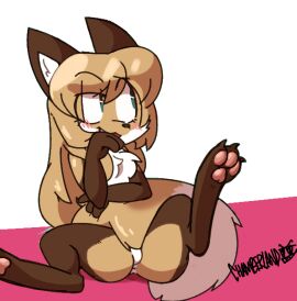 1girls anthro anus averi_(fiddleafox) blush blush_lines brown_body brown_fur canid canine dipstick_tail female female_anthro fox fur gloves_(marking) green_eyes hair leg_markings mammal markings multicolored_fur pawpads paws simple_background sitting socks_(marking) solo tail tail_markings unknown_artist watermark white_body white_fur