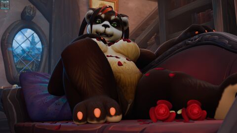 16:9 3d anthro bear big_breasts blizzard_entertainment breasts brown_body digital_media_(artwork) female flower fur genitals hair hi_res looking_at_viewer mammal multicolored_body multicolored_fur nipples nude pandaren plant pussy rose_(flower) smile solo sora-ken_(toxik_enzis) text toxik_enzis two-tone_body two-tone_fur warcraft white_body white_fur widescreen world_of_warcraft