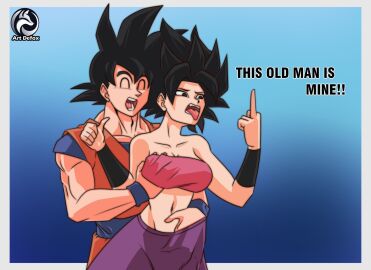 1boy 1girls artdefox breasts caulifla dragon_ball dragon_ball_(series) dragon_ball_super female female_saiyan male middle_finger saiyan son_goku straight universe_6/universe_7 universe_6_saiyan/universe_7_saiyan