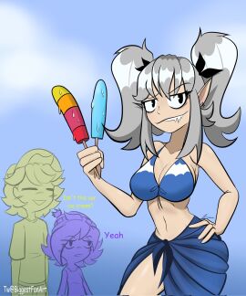 2d biggestfanart bikini_top blue_background day daytime english_text female glitch_productions humanized ice_cream j_(murder_drones) light-skinned_female male murder_drones n_(murder_drones) outdoors popsicle tagme text uzi_(murder_drones) white_hair