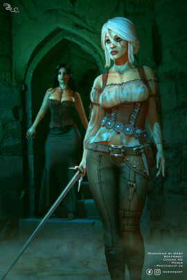 2girls 3d black_hair breasts ciri clothing female light-skinned_female light_skin multiple_females multiple_girls nerodgart nipples nipples_visible_through_clothing scar sword the_witcher_(series) the_witcher_3:_wild_hunt white_hair yennefer