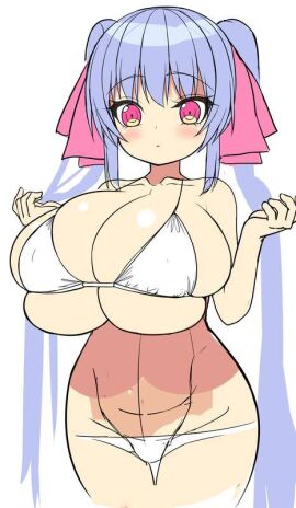 bangs big_breasts bikini blue_hair blush breasts cleavage collarbone female hair_between_eyes hair_ribbon hourglass_figure huge_breasts line_art long_hair nipples_visible_through_clothing pink_eyes riko_(shuz) shortstack shuz_(dodidu) skindentation slim_waist solo squished_breasts thick_thighs tight_clothing top_heavy twintails wide_hips