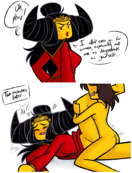 black-haired_female black_hair bottomless bottomless_female degeneracy degradation degrading demon demoness dialogue dirty_platypi domination domination/submission down_bad drool faceless_female female femdom fucked_into_submission fucking_good_and_hard grinding grinding_pussy lego lego_monkie_kid lesbian_domination lesbian_focus lesbian_sex lustful_energy lustful_expression nude nude_female original_character princess_iron_fan pussy pussy_grinding sapphic submission text text_box text_bubble time_skip villainess villainess_sub yuri