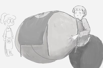 0ucoulyqkf7rbwp_(artist) 2girls apron big_breasts blush breast_expansion breasts closed_eyes closed_eyes_smile enormous_breasts female huge_breasts hyper hyper_breasts jeans large_breasts monochrome short_hair sketch sweat