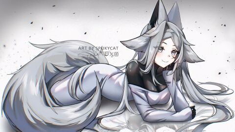 animal_ears artist_name blush breasts closed_mouth dress dya_rikku_(vtuber) female fox_ears fox_tail grey_background grey_eyes large_breasts long_hair looking_at_viewer lying on_stomach signature silver_hair smile solo tail twitter_username very_long_hair virtual_youtuber vyugen white_dress