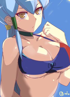 1girls breasts cardfight!!_vanguard female jillian_chen large_breasts looking_at_viewer oda_koziki sky solo solo_female stomach sunlight swimsuit