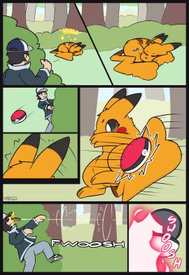 captured captured_by_pokeball caught_in_pokeball clothed clothing comic female feral forest fur generation_1_pokemon genitals hi_res human male mammal nintendo nulloffset outside pikachu plant pokeball pokemon pokemon_(species) pussy rodent shiny_pokemon sleeping standard_pokeball tail tree yellow_body yellow_fur