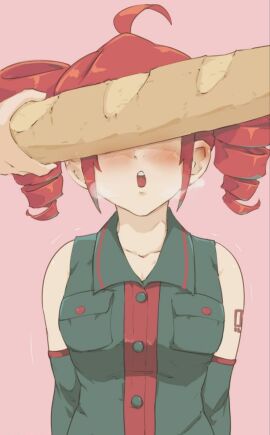 1girls 2people baguette blush blushing breath_cloud cant_see_the_haters covered_eyes ears female food implied_penis innuendo kasane_teto red_hair tattoo tattoo_on_arm