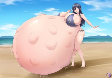 alternate_version_available artist_name ass beach belly_bigger_than_body belly_bigger_than_head bikini bikini_bottom bikini_top black_hair blue_eyes breasts breasts_bigger_than_head breasts_on_belly cleavage female fetal_movement gigantic_breasts hair_between_eyes huge_breasts hyper hyper_pregnancy long_hair looking_at_viewer original original_character outdoors peace_sign pregnant pregnant_female ready_to_pop round_belly someone_else's_oc standing thighs timaeus v watermark