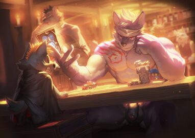 abs accessory anthro biceps blizzard_entertainment card cloak clothing flaccid foreskin furniture genitals headband hearthstone hi_res humanoid_genitalia humanoid_penis male multicolored_body muscular nude partially_retracted_foreskin pecs penis playing_card public public_nudity purple_body ramenbeny red_eyes retracted_foreskin sitting smile smirk table tattoo tavern two-tone_body uncircumcised warcraft white_body