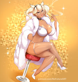 1girls 2024 bar_stool big_breasts blonde_hair bra breasts cigarette coat crossed_legs dark-skinned_female dark_skin earrings female female_only fishnet_thighhighs fishnets fur_coat glasses grey-framed_eyewear heels high_heels highres holding holding_cigarette huge_breasts jewelry kantai_collection lingerie long_sleeves looking_at_viewer musashi_(kantai_collection) nofuture open_clothes open_coat panties pointy_hair rectangular_eyewear red_eyes sitting sitting_on_chair smoking solo stool thighhighs two_side_up underwear white_bra white_coat white_panties