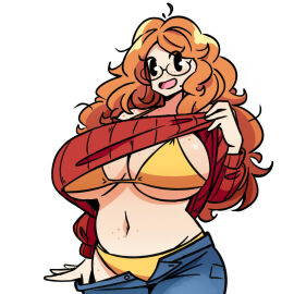 1girls breasts female freckles freckles_on_breasts freckles_on_shoulders glasses mathilde_(murgoten) mob_face murgoten sweater sweater_lift