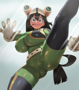 absurdres alternate_breast_size alternate_breast_size_(larger) asui_tsuyu black_eyes black_hair bodysuit boku_no_hero_academia breasts brown_gloves bubble_butt butt_from_the_front cameltoe commentary_request erect_nipples female from_below gloves green-haired_female green_bodysuit green_hair hair_between_eyes hair_rings hat highres huge_breasts impossible_bodysuit impossible_clothes kicking long_hair low-tied_long_hair mmmikedaya motion_lines my_hero_academia narisokonai narisokonai_(mmmikedaya) solo standing standing_on_one_leg superhero_costume tongue tongue_out tsuyu_asui very_long_hair