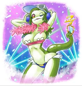 background breasts female headphones lingerie_pattern_pets lizard_dj minus8 original short_shorts solo tail_holding_object