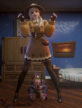 2girls 3d 3d_(artwork) 3d_model female female_focus female_only fortnite green_eyes heels helsie_(fortnite) leggings lexa_(fortnite) lexa_hexbringer_(fortnite) looking_up_skirt pose red_eyes room smile smiley_face smiling smiling_at_partner yuri