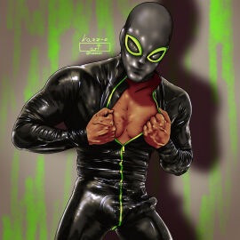 1boy bulge dark-skinned_male dark_skin erect_penis erection erection_under_clothes gay gay_male kazz-e_art latex latex_clothing latex_suit male male_only mask masked masked_male masked_only pecs penis undressing veiny_hands zipper