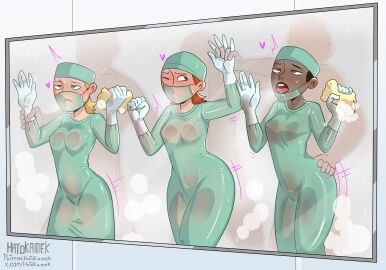 3girls ann_possible hatokamek kim_possible latex_bodysuit latex_gloves pressed_on_glass see-through_clothing shower_sex surgeon surgical_mask sweaty